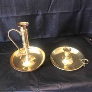 Brass antique style candle holders with handles & drip base VTG India